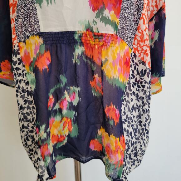 Joie Silk Patchwork Blouse Floral Boho Semi-Sheer Orange White Women Medium - Picture 5 of 11